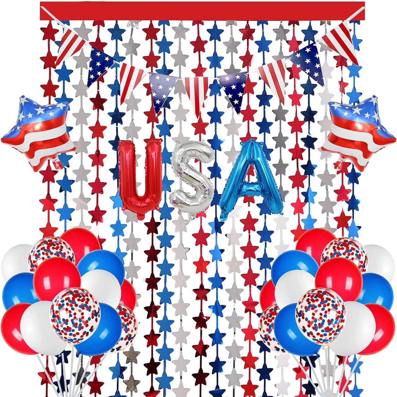 4th of July Decorations, Red White Blue 3 Pack America Star Tinsel Foil Fringe Curtains, Photo Booth Prop Streamer Backdrop for Independence Day, Memorial Day, Labor Day, Patriotic Party
